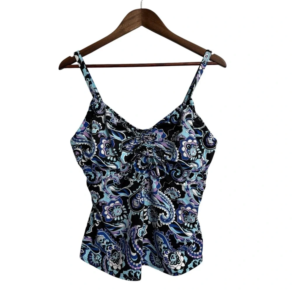 Lands End Tankini women's 14D black floral paisley tropical Hawaiian beach pool